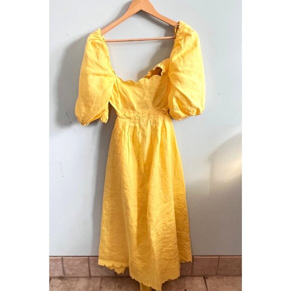 Mable Yellow Midi Dress With Scalloped Neckline & Puff Sleeves - Sz.‎ M - Picture 1 of 8